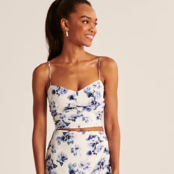 Abercrombie & Fitch Tops - Abercrombie Faux Silk Ruched Crop Top white and blue floral